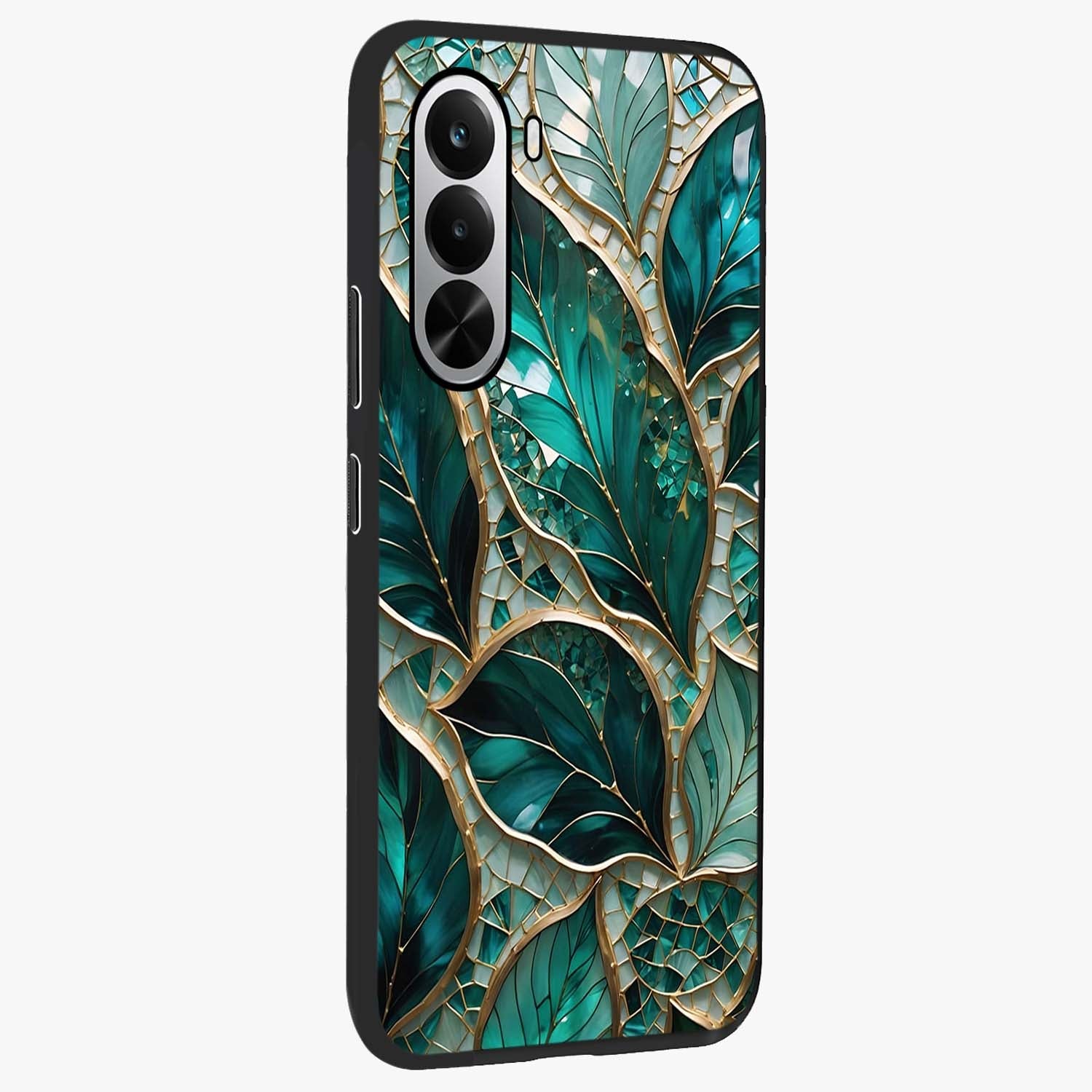 Emerald Leaf Glass Glass Case upright view showcasing fresh green leaf artwork with calming nature inspired style.