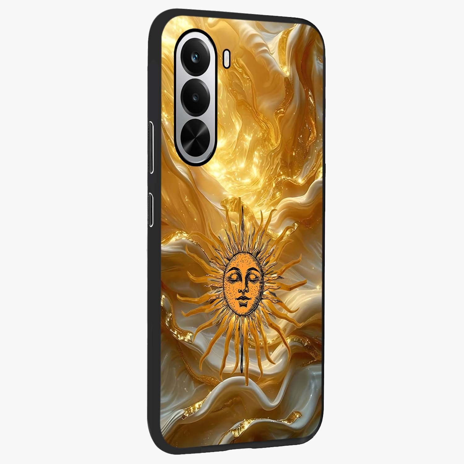 Eternal Golden Glow Glass Case upright view showcasing luminous golden artwork with luxurious visual theme.
