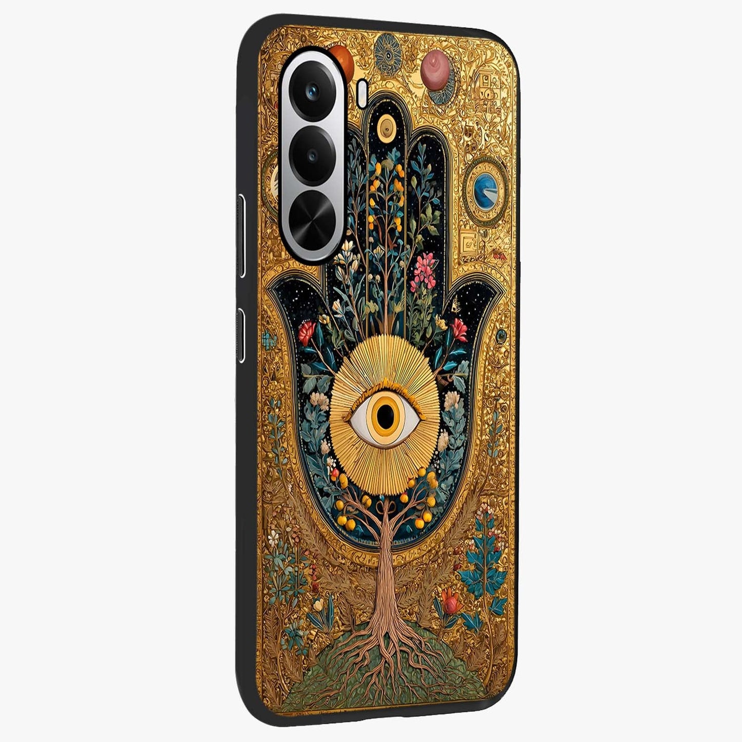 Ethereal Evil Eye Glass Case upright view showcasing celestial evil eye artwork with mystical theme.