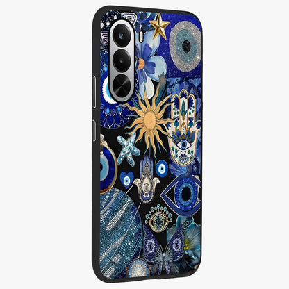 Evil Eye Charm Mix Glass Case upright view showcasing mystical evil eye pattern with vibrant decorative style.