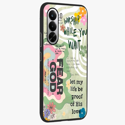 Faith Over Fear Glass Case upright view showcasing bold typography artwork with uplifting motivational theme.