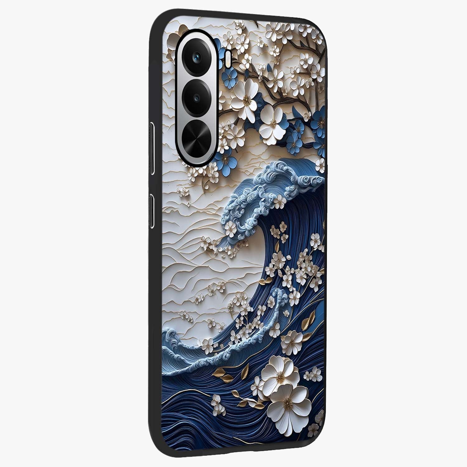 Floral Wave Origami Glass Case upright view showcasing creative floral origami artwork with artistic decorative theme.