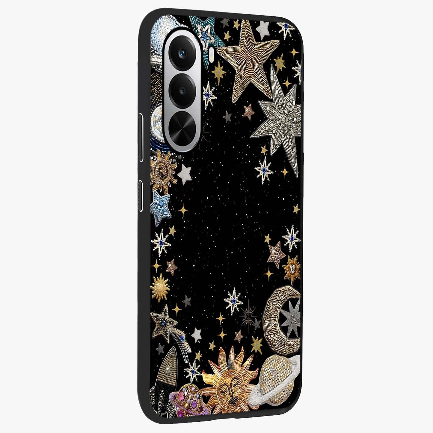 Galactic Jewel Stars Glass Case upright view showcasing glittering star jewel artwork with vibrant galaxy theme.