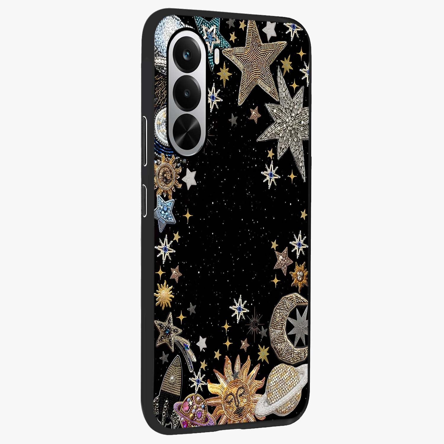 Galactic Jewel Stars Glass Case upright view showcasing glittering star jewel artwork with vibrant galaxy theme.