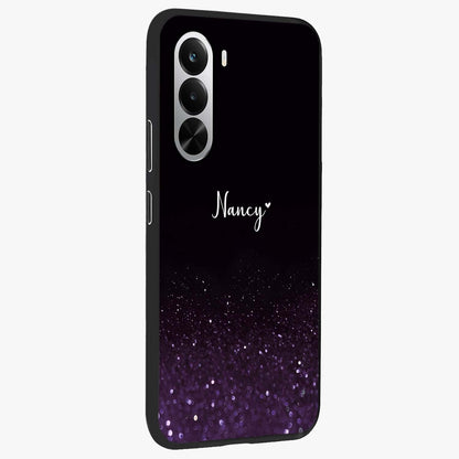 Glittery Purple Bokeh Custom Name Glass Case upright view showcasing vibrant purple sparkle artwork with personalized aesthetic style.