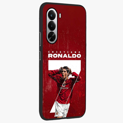 Goal Celebration Legacy Glass Case upright view showcasing dynamic football inspired artwork with victory celebration aesthetic.