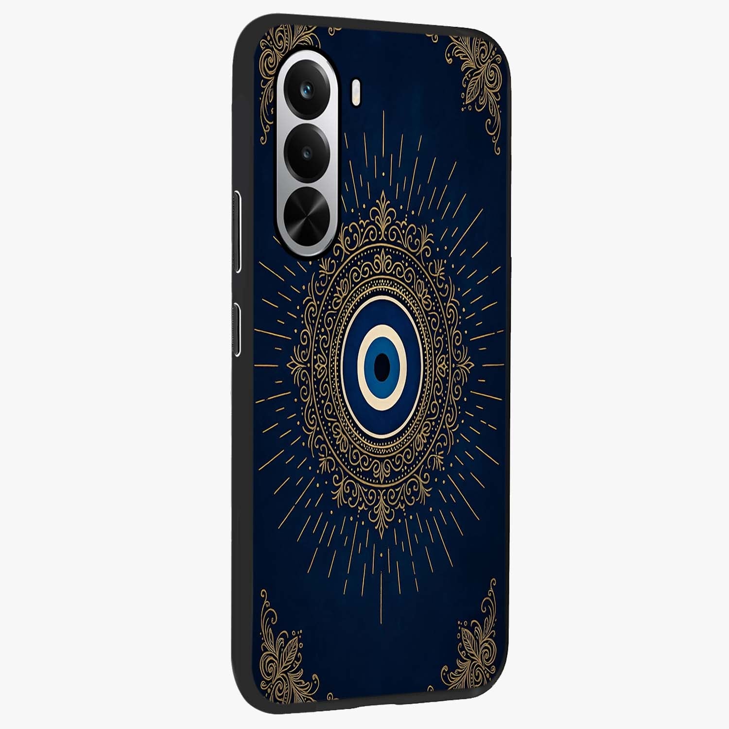 Golden Celestial Charm Glass Case upright view showcasing radiant celestial artwork with elegant golden theme.
