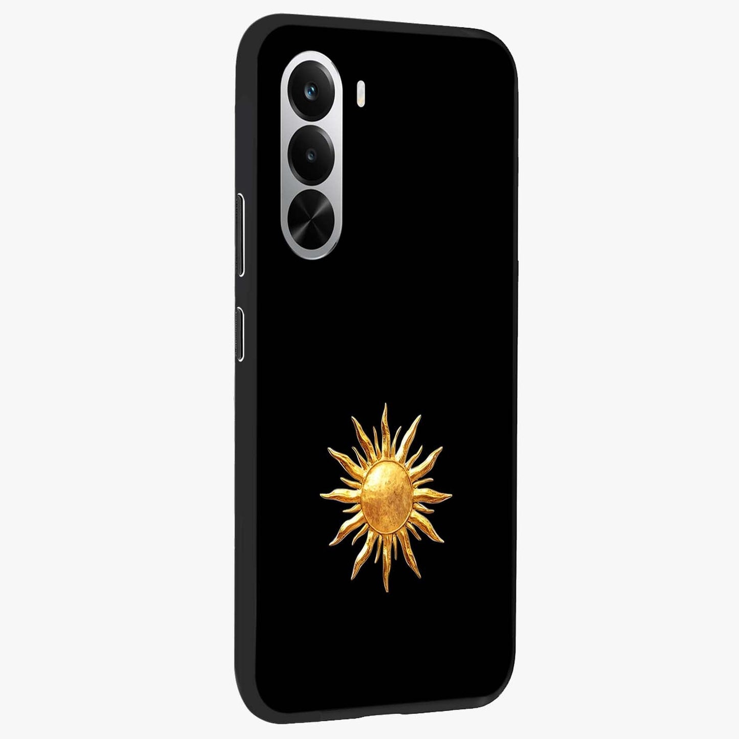 Golden Sun Minimalism Glass Case upright view showcasing haunting graveyard artwork with dramatic dark theme.