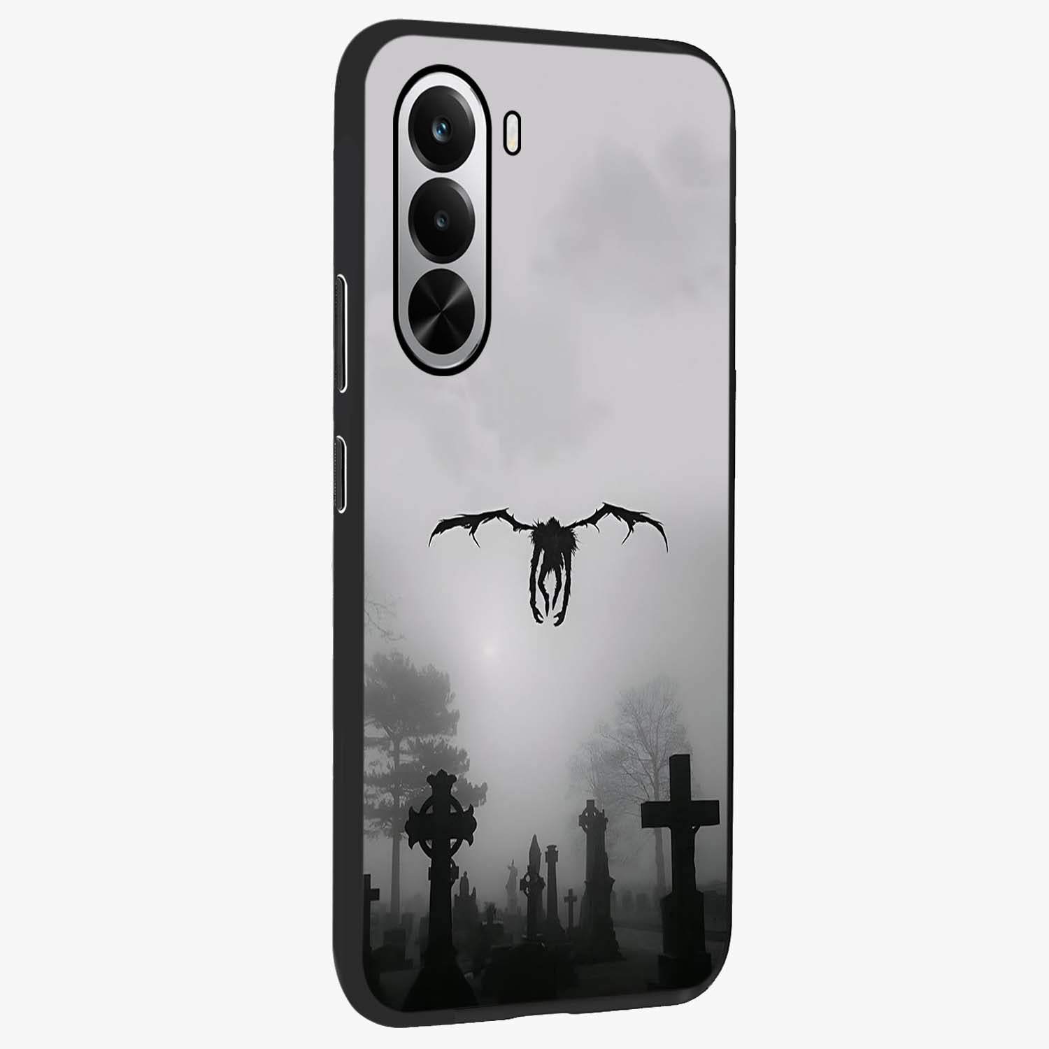 Graveyard Shadow Descent Glass Case upright view showcasing haunting graveyard artwork with dramatic dark theme.