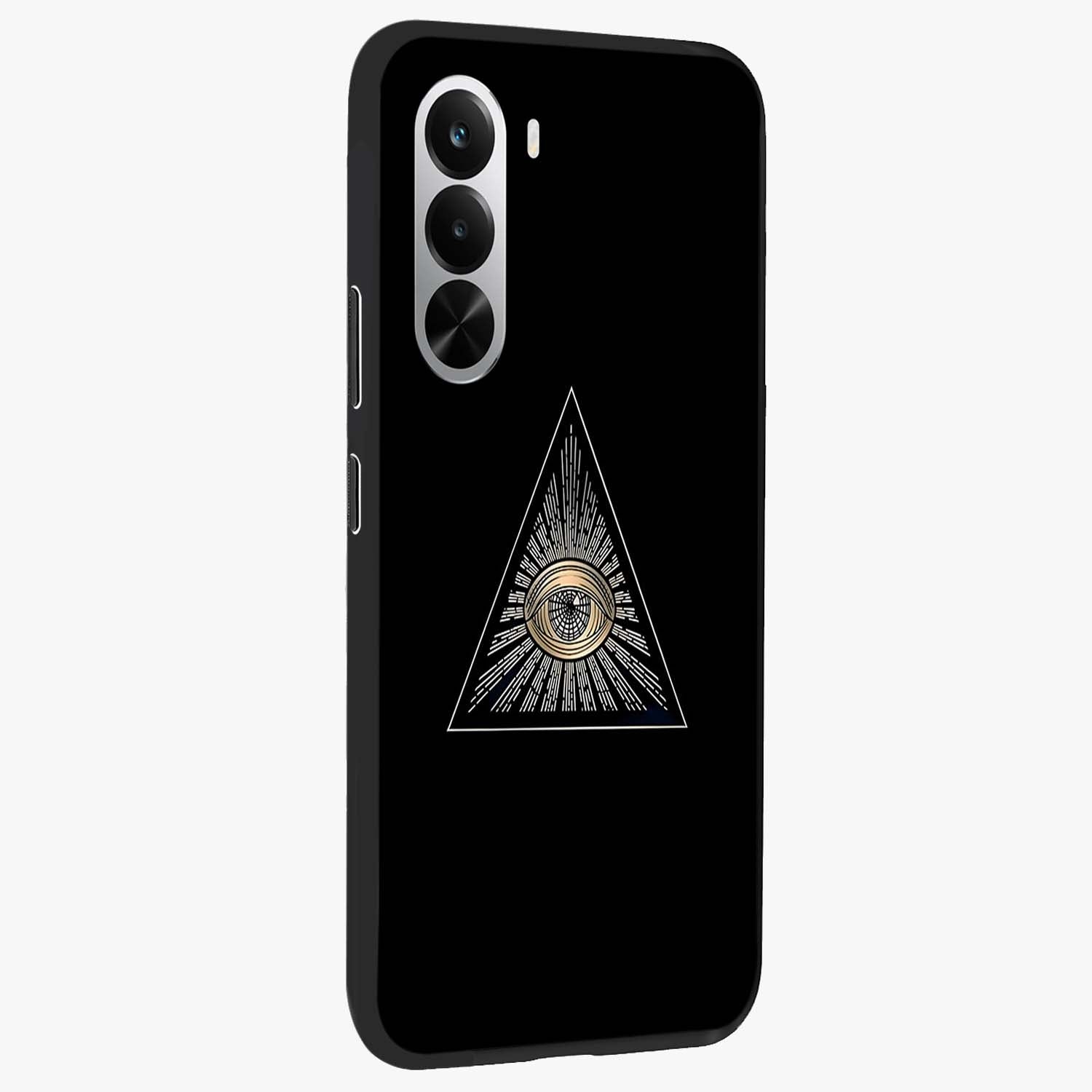 Illuminati Evil Glass Case upright view showcasing striking illuminati artwork with mysterious symbolic theme.