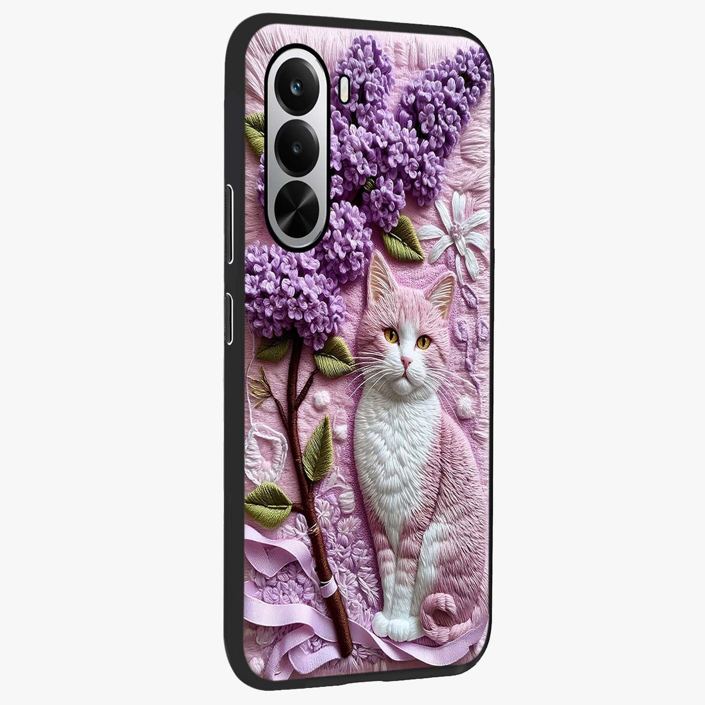 Lavender Cat Whimsy Glass Case upright view showcasing charming cat artwork with whimsical lavender theme.