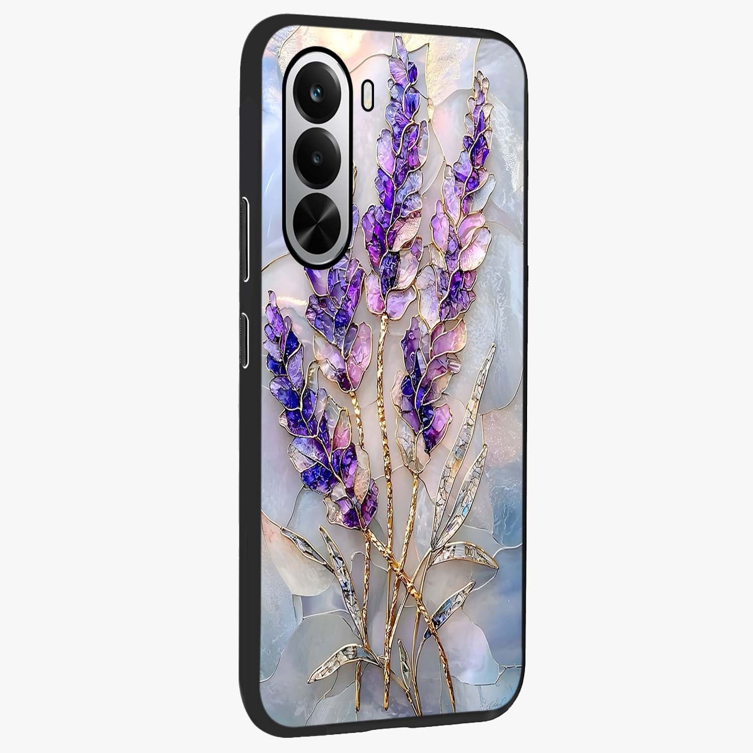 Lavender Dream Glow Glass Case upright view showcasing radiant lavender glow artwork with calming dreamy theme.