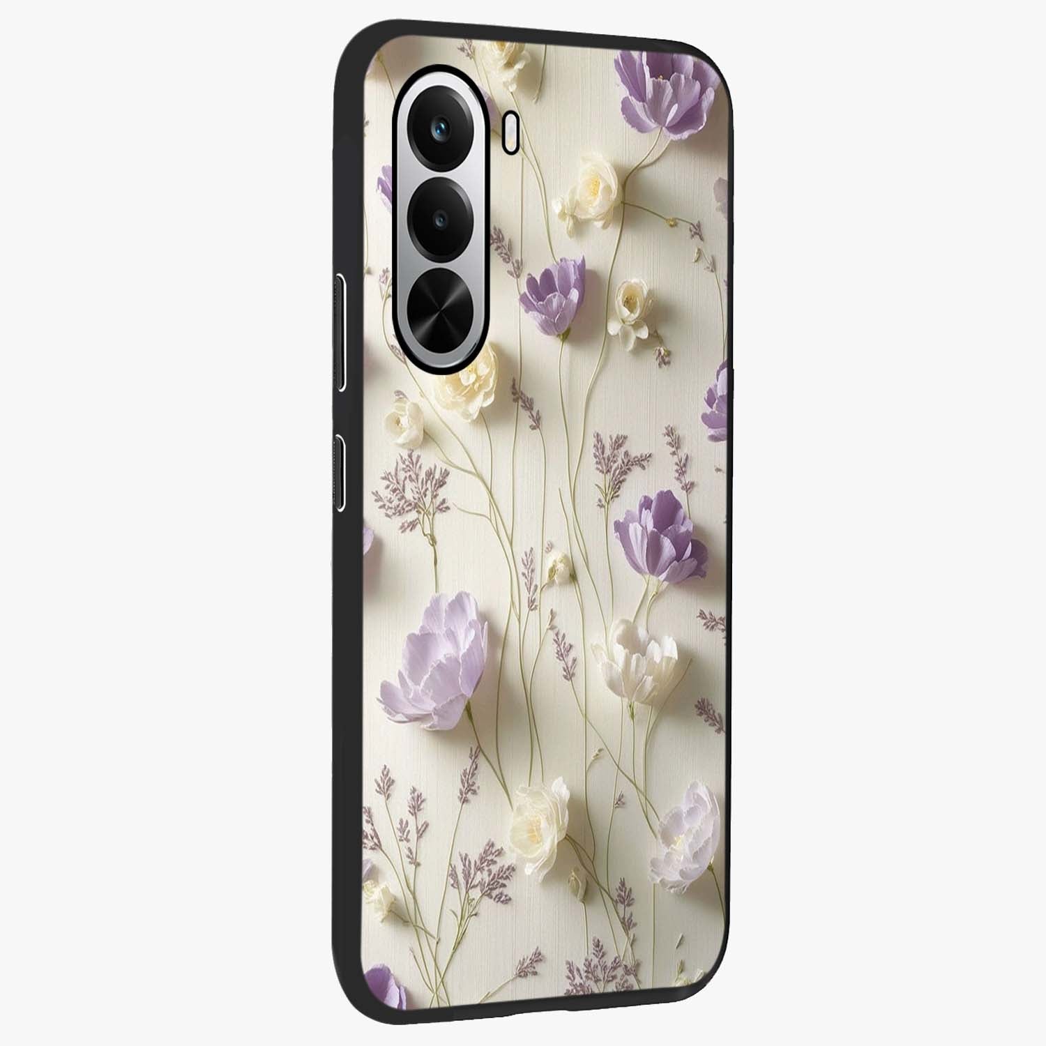 Lilac Breeze Harmony Glass Case upright view showcasing delicate lilac artwork with peaceful floral theme.