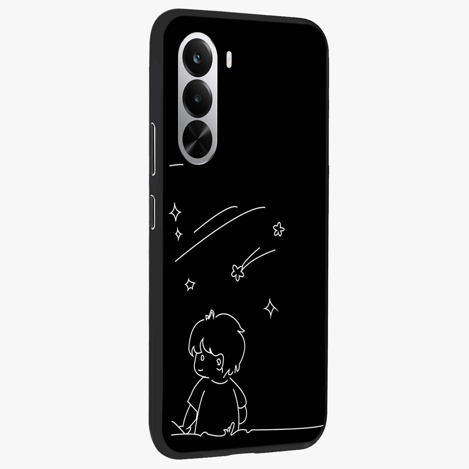 Line Art Boy With Shooting Stars Glass Case upright view showcasing artistic shooting star illustration with minimal style.