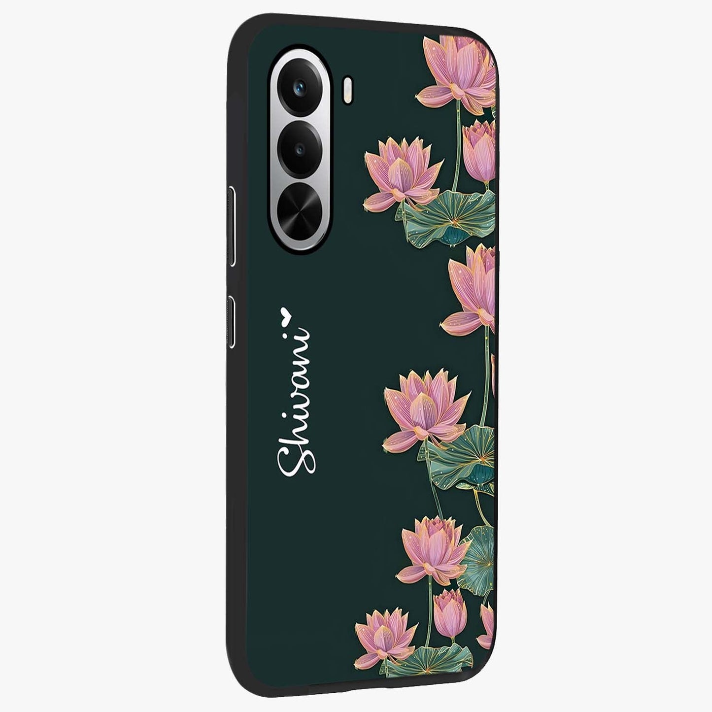 Lotus Bloom Serenity Custom Name Glass Case upright view showcasing serene lotus bloom artwork with personalized floral aesthetic.