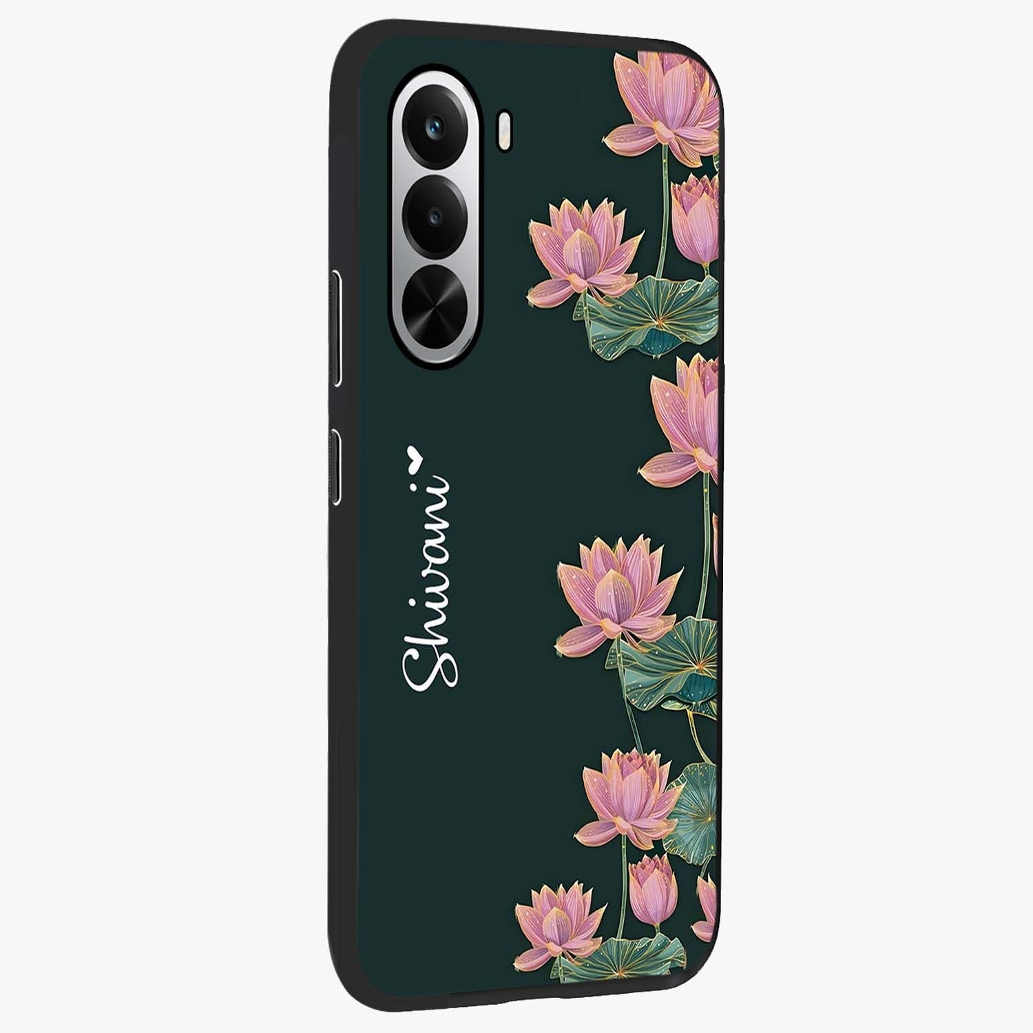 Lotus Bloom Serenity Custom Name Glass Case upright view showcasing serene lotus bloom artwork with personalized floral aesthetic.