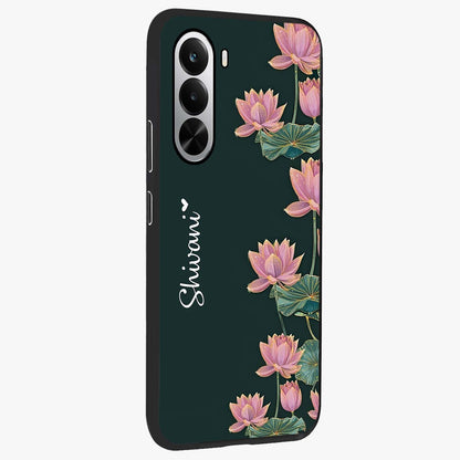 Lotus Bloom Serenity Custom Name Glass Case upright view showcasing serene lotus bloom artwork with personalized floral aesthetic.