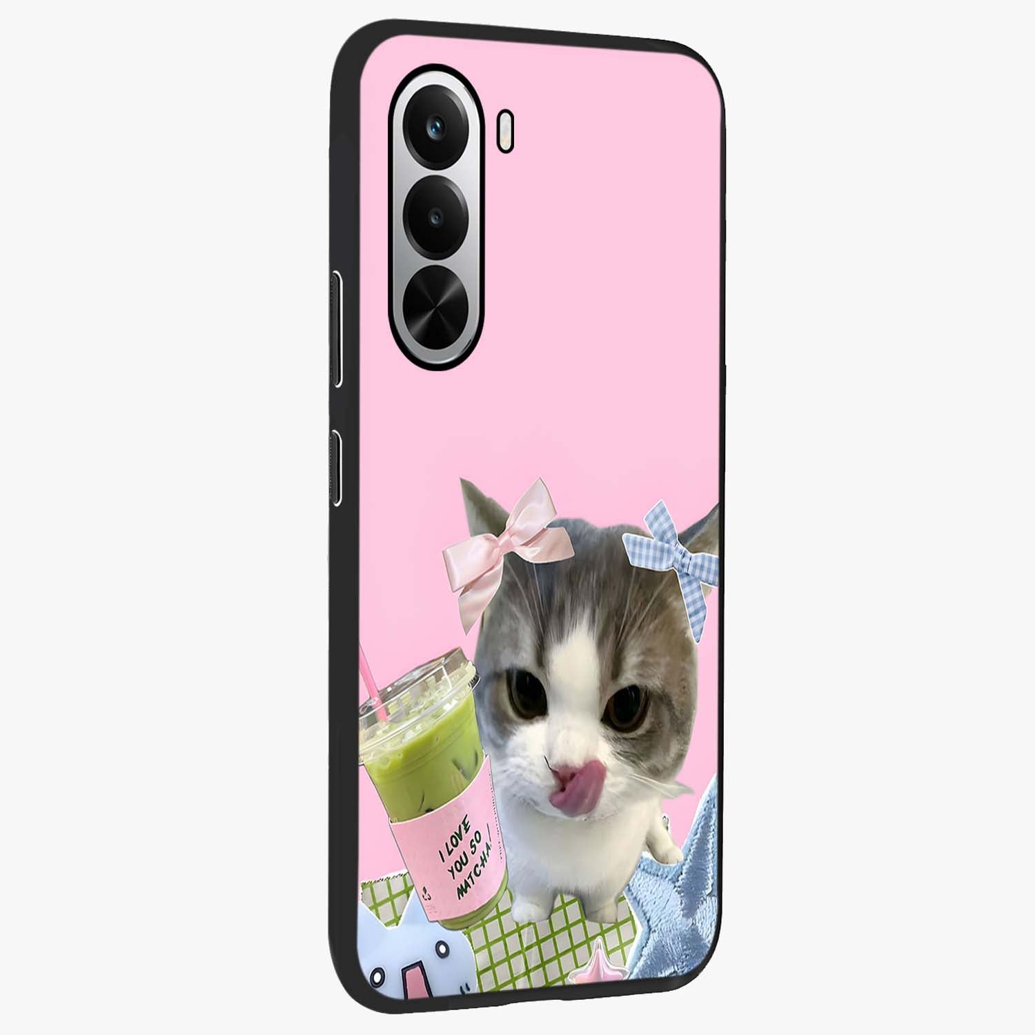 Love Matcha Cat Glass Case upright view showcasing adorable cat artwork with charming matcha themed design.