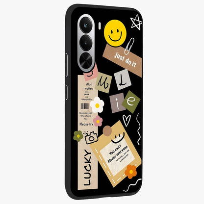 Lucky Aesthetic Collage Glass Case upright view showcasing vibrant collage artwork with youthful aesthetic theme.