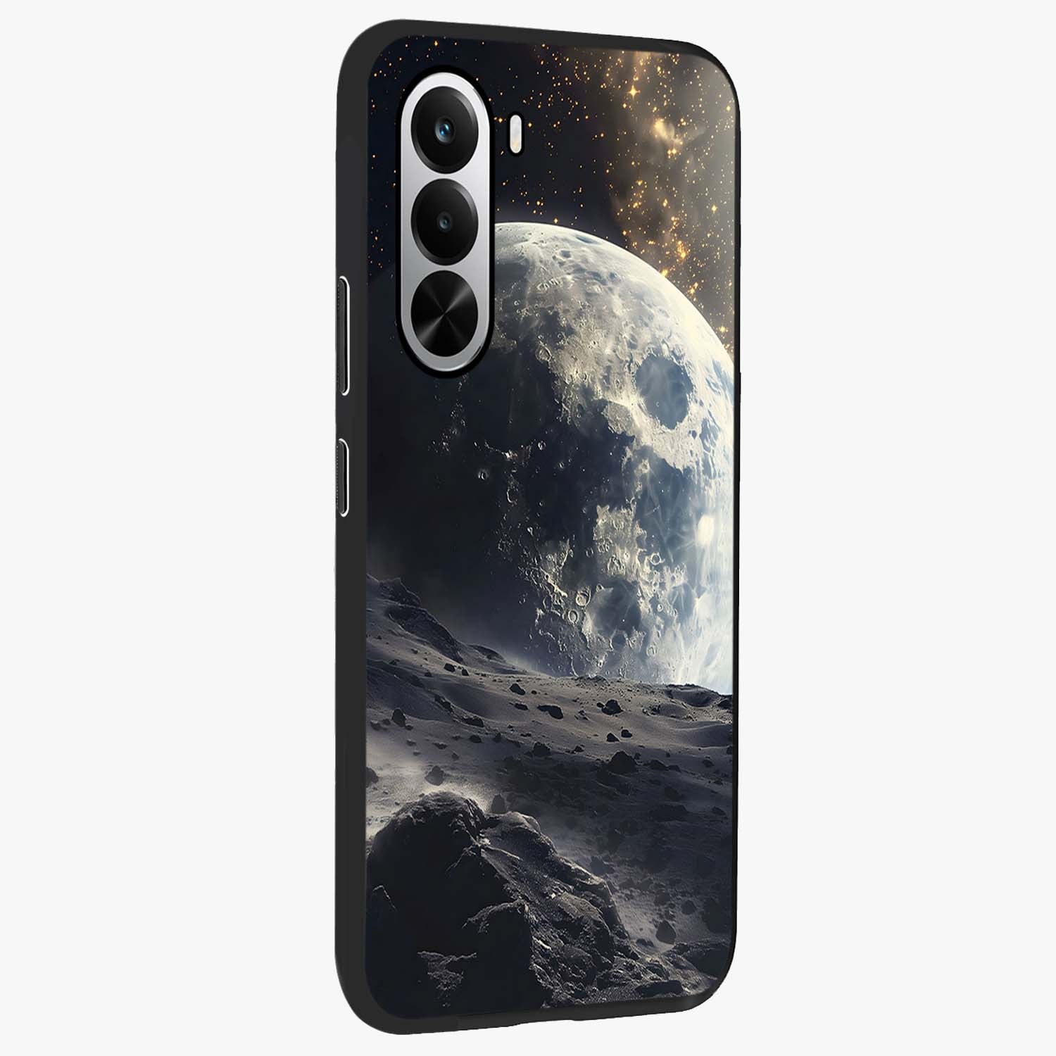 Lunar Horizon Glow Glass Case upright view showcasing radiant lunar artwork with calm cosmic theme.
