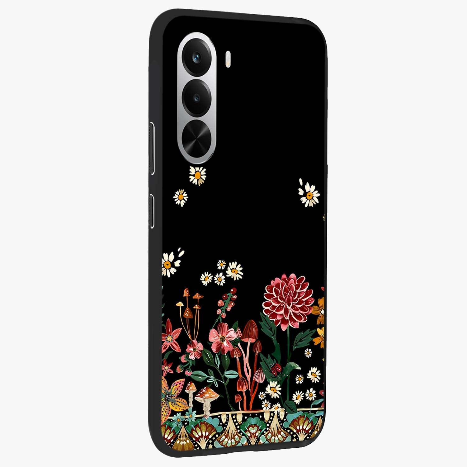 Midnight Bloom Pattern Glass Case upright view showcasing decorative floral artwork with deep night themed palette.