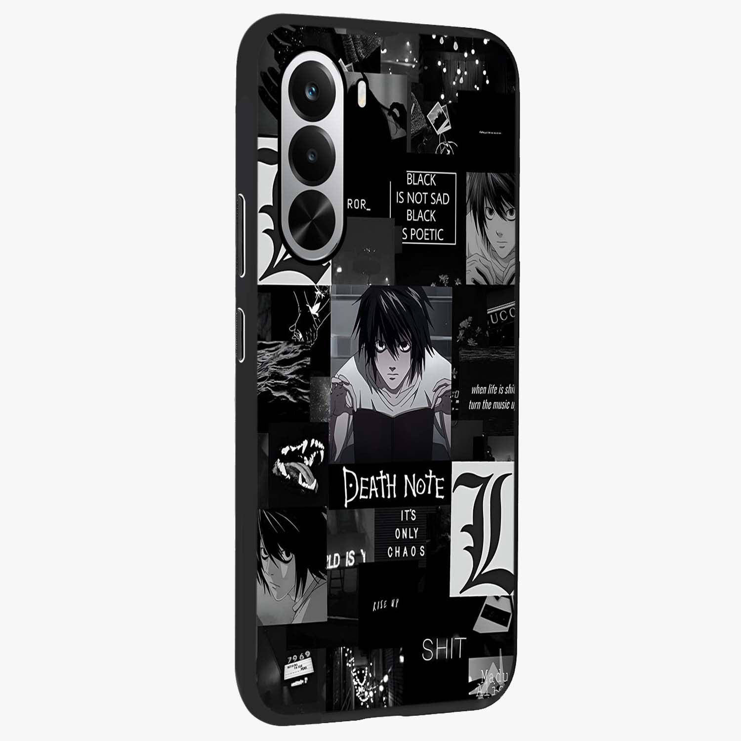 Midnight Chaos Mind Glass Case upright view showcasing expressive abstract artwork with bold dark theme.