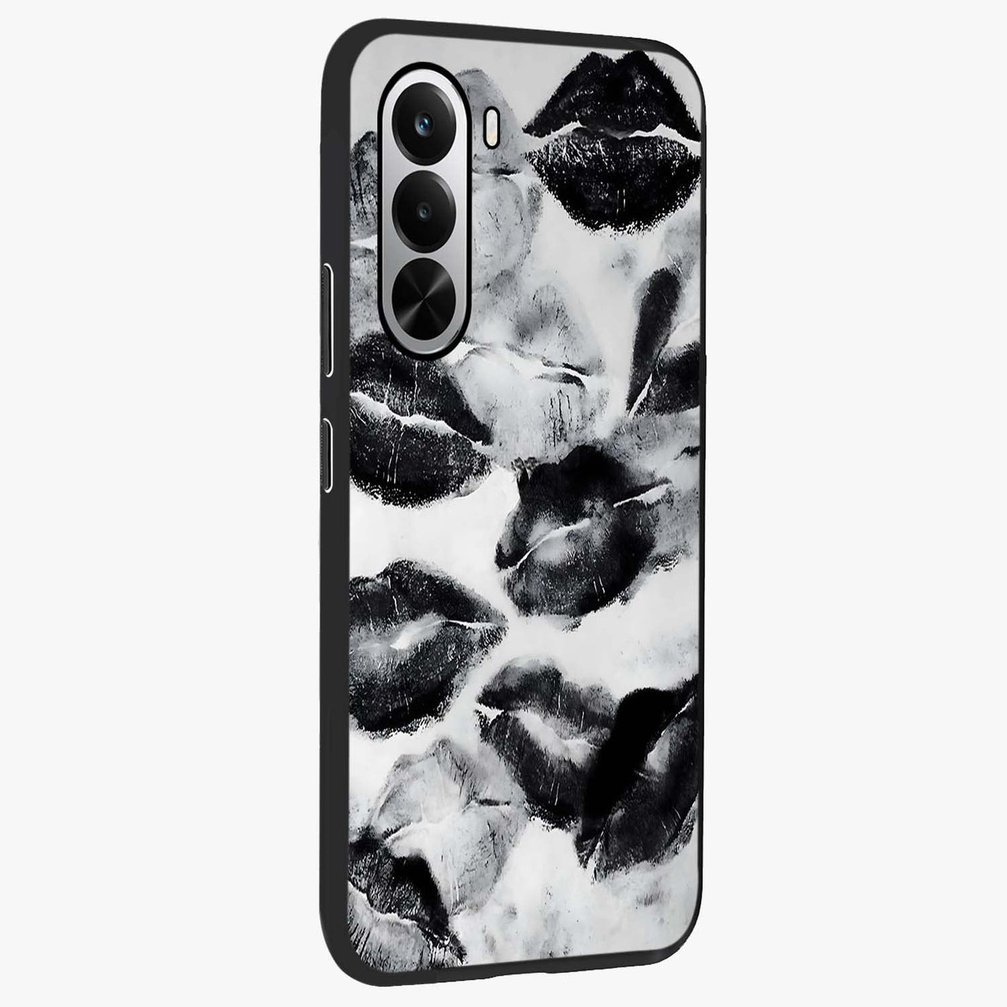 Midnight Kiss Marks Glass Case upright view showcasing stylish kiss mark artwork with trendy romantic theme.