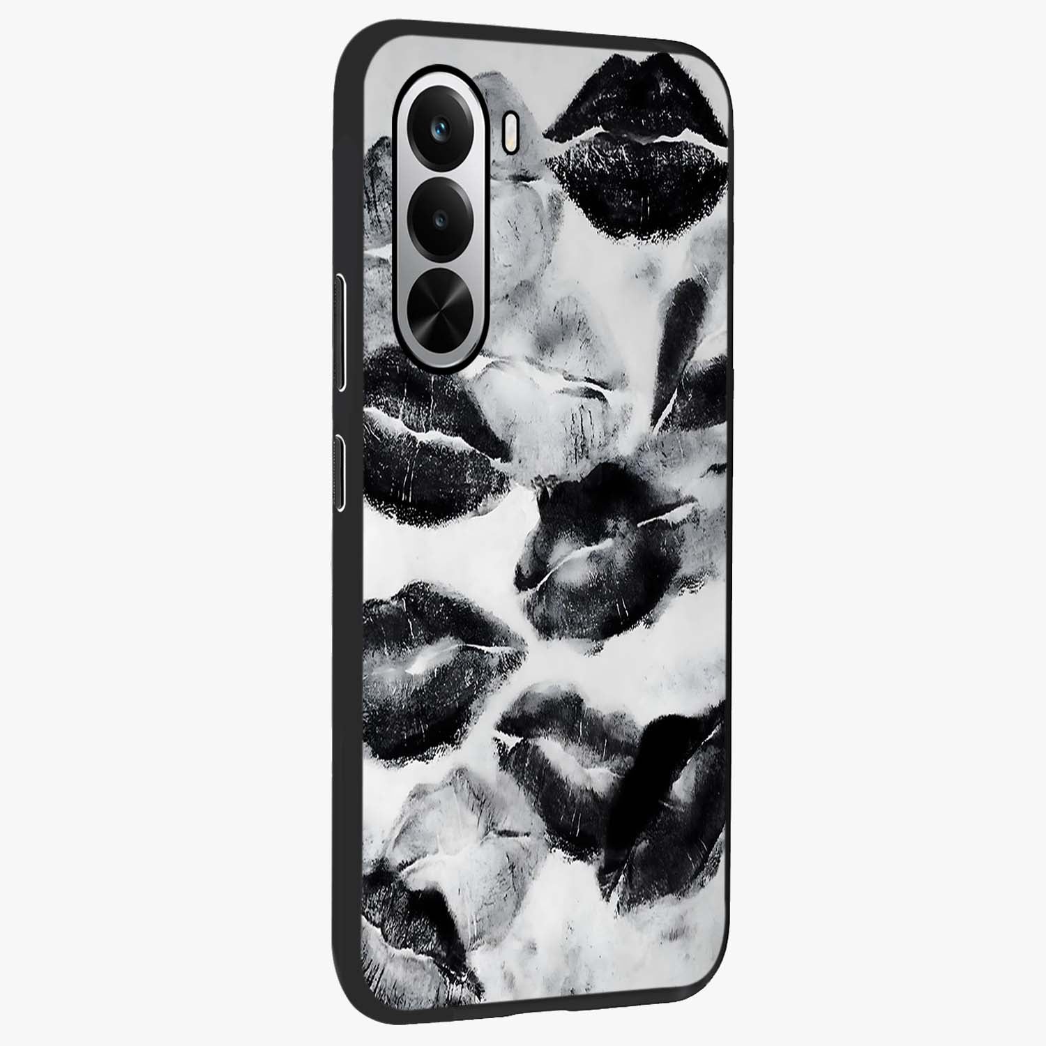Midnight Kiss Marks Glass Case upright view showcasing stylish kiss mark artwork with trendy romantic theme.