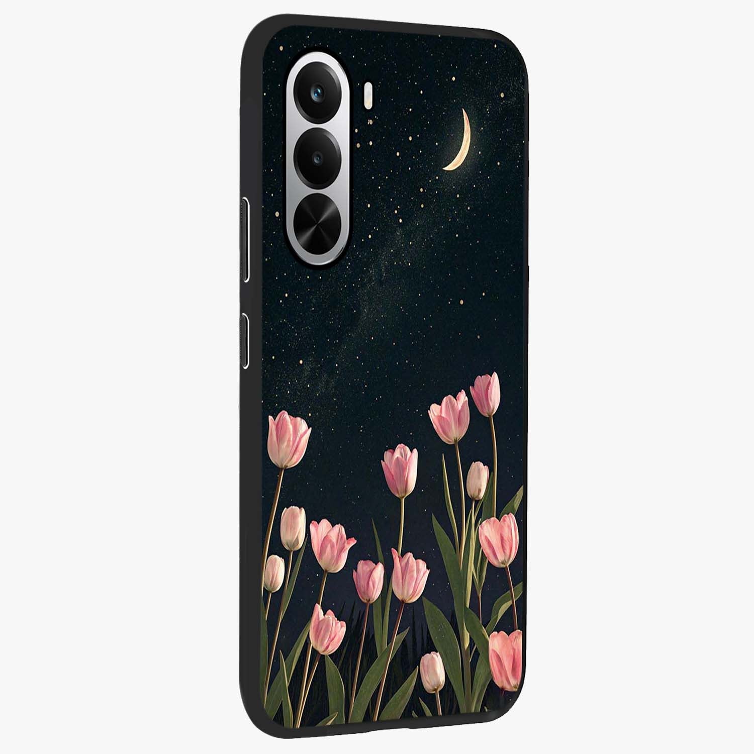 Midnight Tulip Whispers Vibe Glass Case upright view showcasing graceful tulip artwork with calm botanical theme.