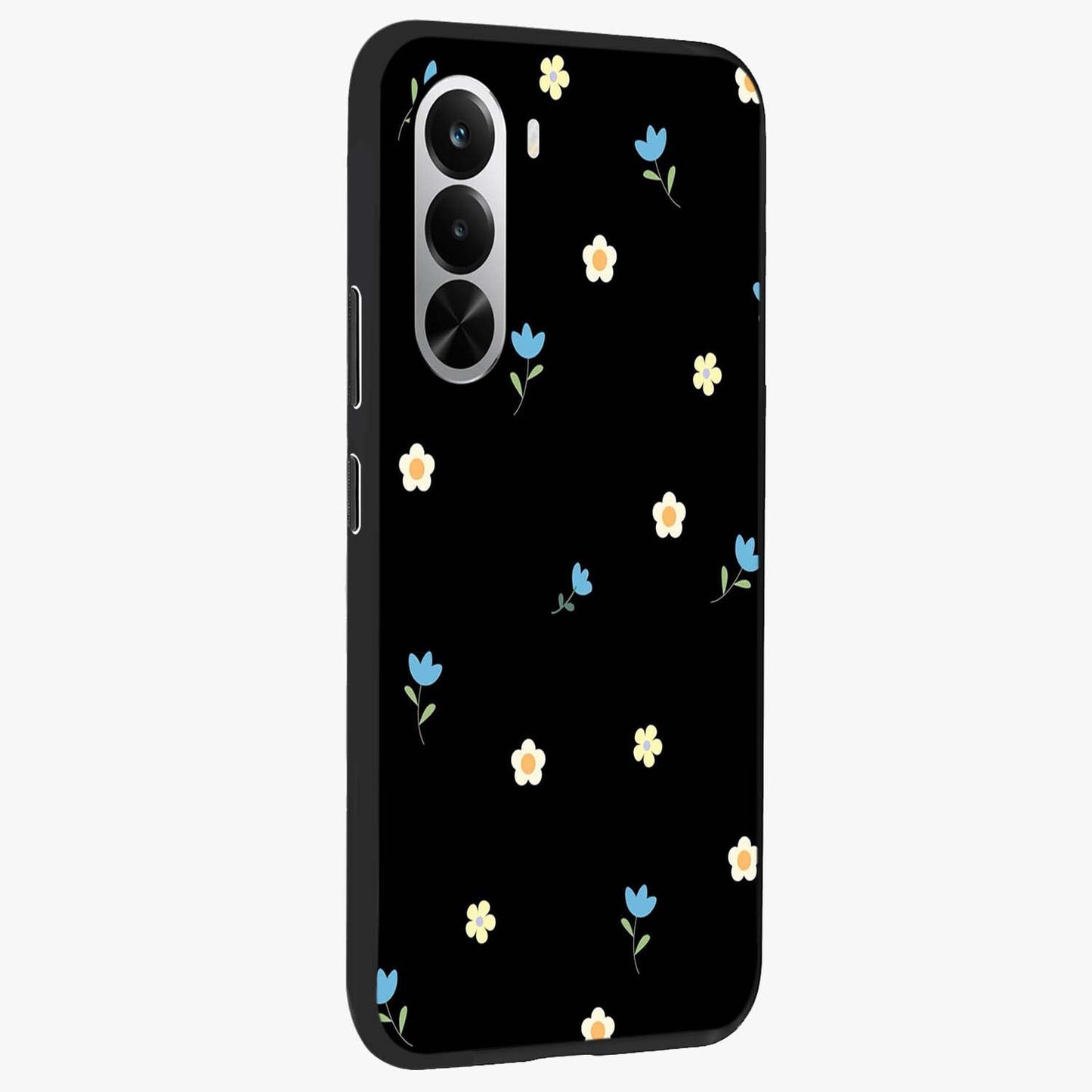 Minimal Petal Whispers Glass Case upright view showcasing elegant floral artwork with modern minimalist style.