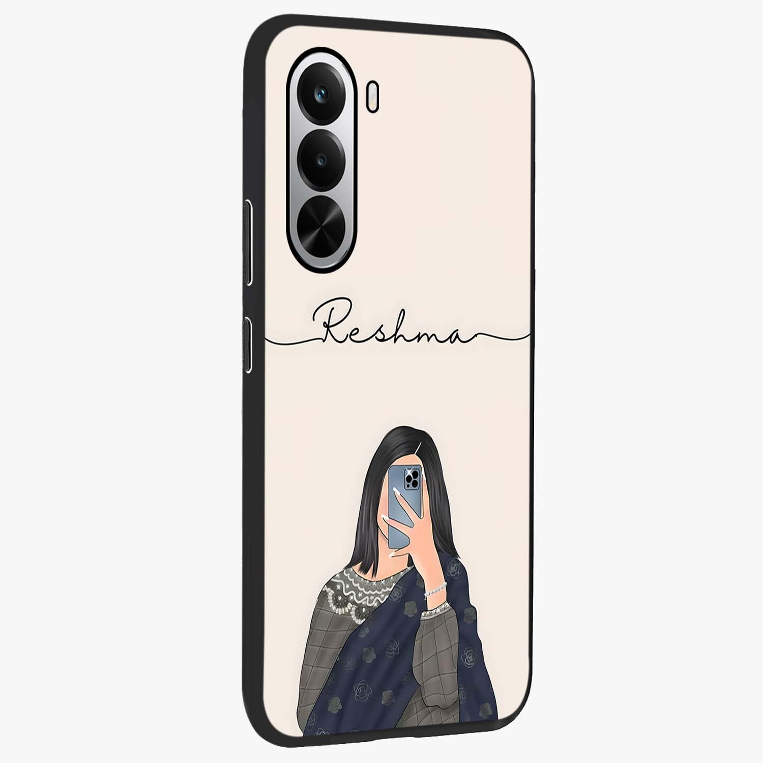 Mirror Mood Muse With Custom Name Glass Case upright view showcasing artistic mirror themed artwork with personalized aesthetic.