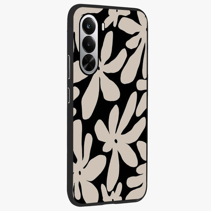 Monochrome Petal Dance Glass Case upright view showcasing artistic floral pattern with stylish monochrome theme.
