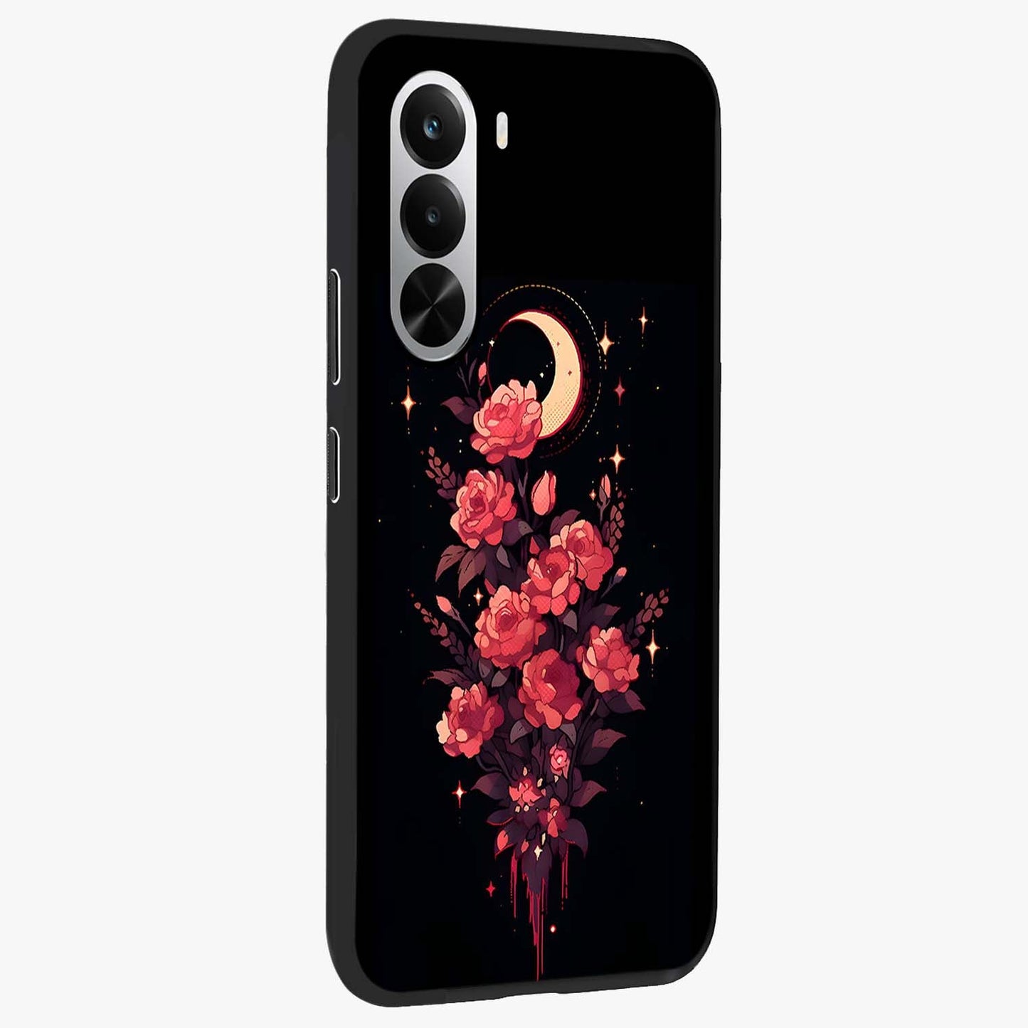 Moonlit Floral Elegance Glass Case upright view showcasing delicate floral artwork with refined night inspired theme.