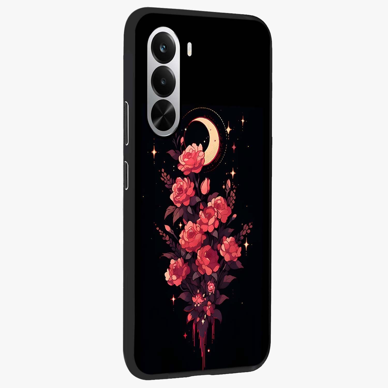 Moonlit Floral Elegance Glass Case upright view showcasing delicate floral artwork with refined night inspired theme.