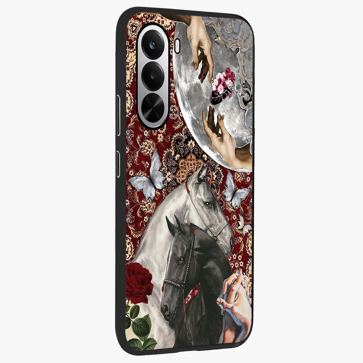 Moonlit Royal Stallion Glass Case upright view showcasing dramatic horse artwork with glowing moon themed design.