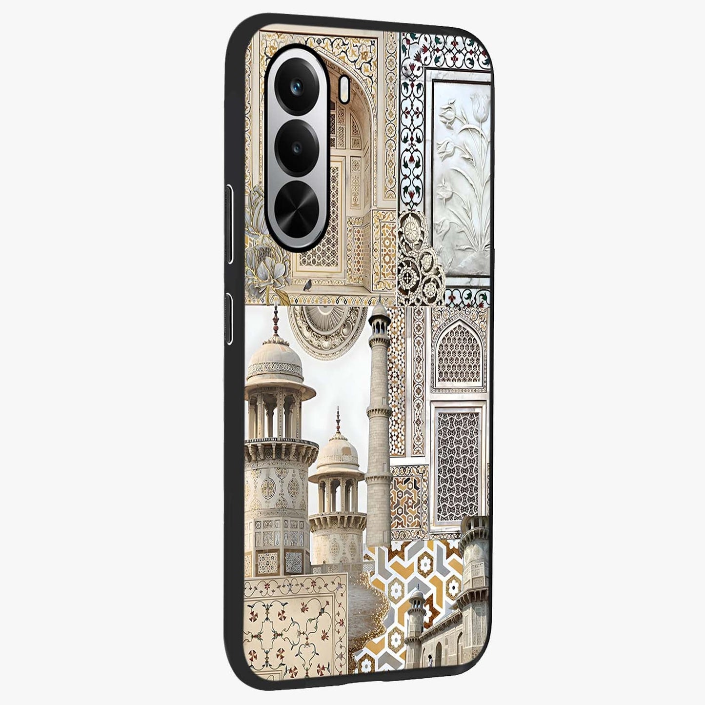 Mughal Marble Legacy Glass Case upright view showcasing ornate Mughal design with luxurious traditional theme.