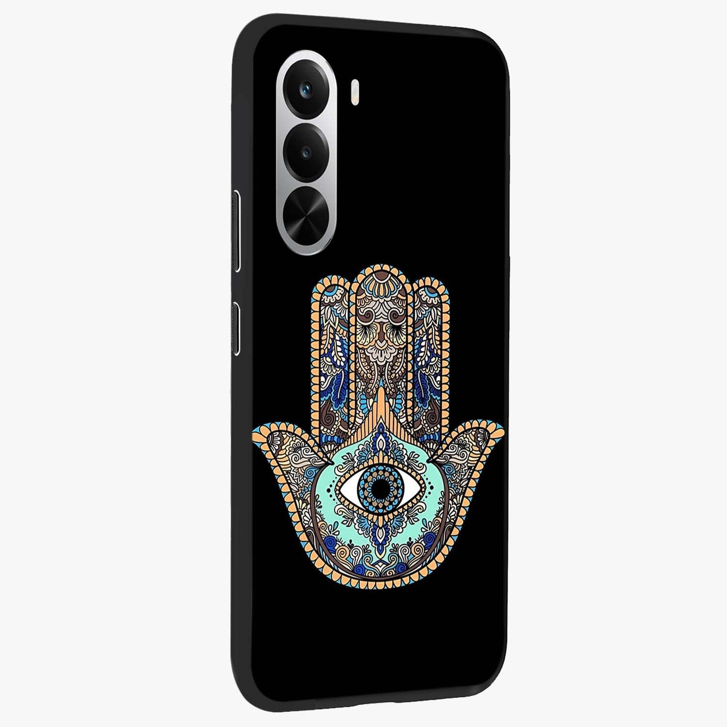 Mystic Hamsa Eye Glass Case upright view showcasing detailed hamsa eye artwork with protective spiritual theme.
