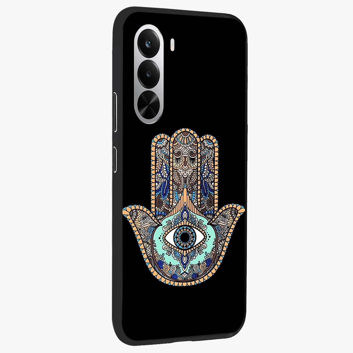 Mystic Hamsa Eye Glass Case upright view showcasing detailed hamsa eye artwork with protective spiritual theme.