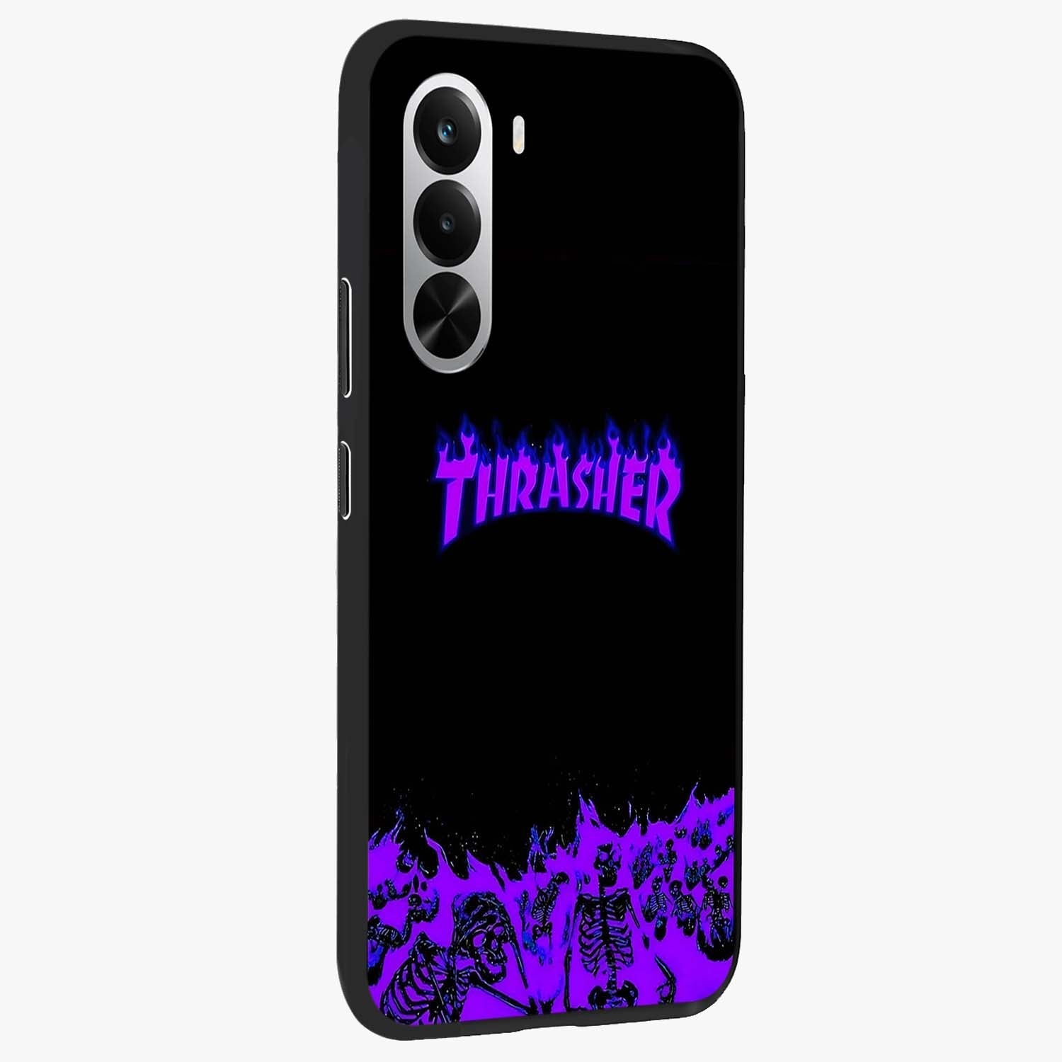 Neon Flame Riot Glass Case upright view showcasing dynamic flame artwork with energetic neon theme.