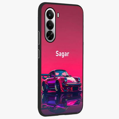 Neon Pink Porsche Glass Case upright view showcasing vibrant sports car artwork with bold automotive theme.