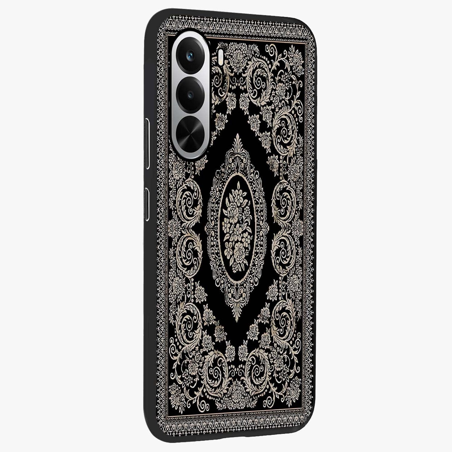 Noir Bloom Elegance Glass Case upright view showcasing graceful floral artwork with luxurious dark theme.