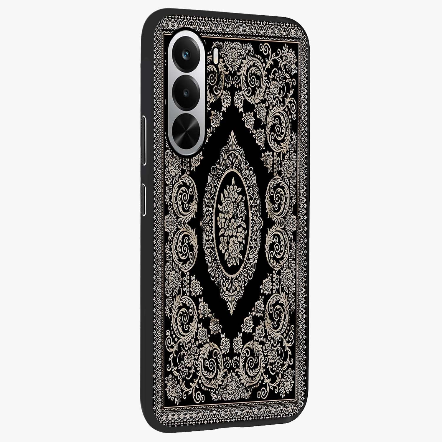 Noir Bloom Elegance Glass Case upright view showcasing graceful floral artwork with luxurious dark theme.