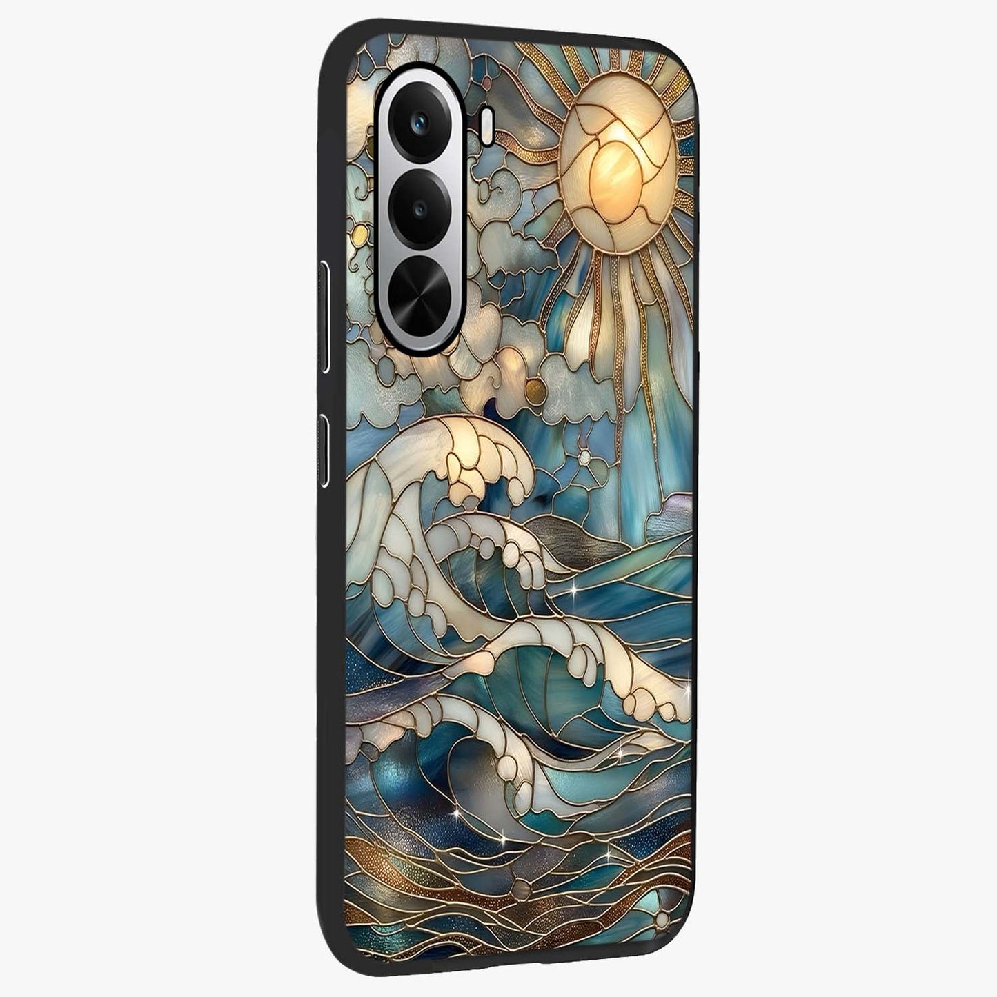 Oceanic Stained Printed Glass Case upright view showcasing decorative ocean pattern artwork with vibrant marine theme.