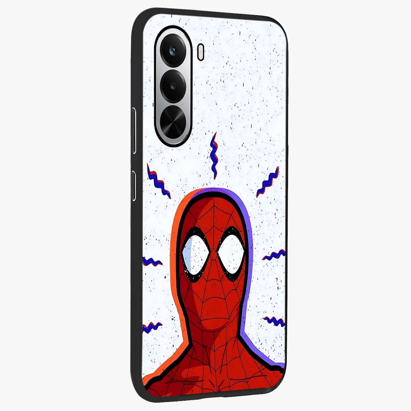 Omg Spiderman Glass Case upright view showcasing energetic superhero artwork with vibrant comic theme.