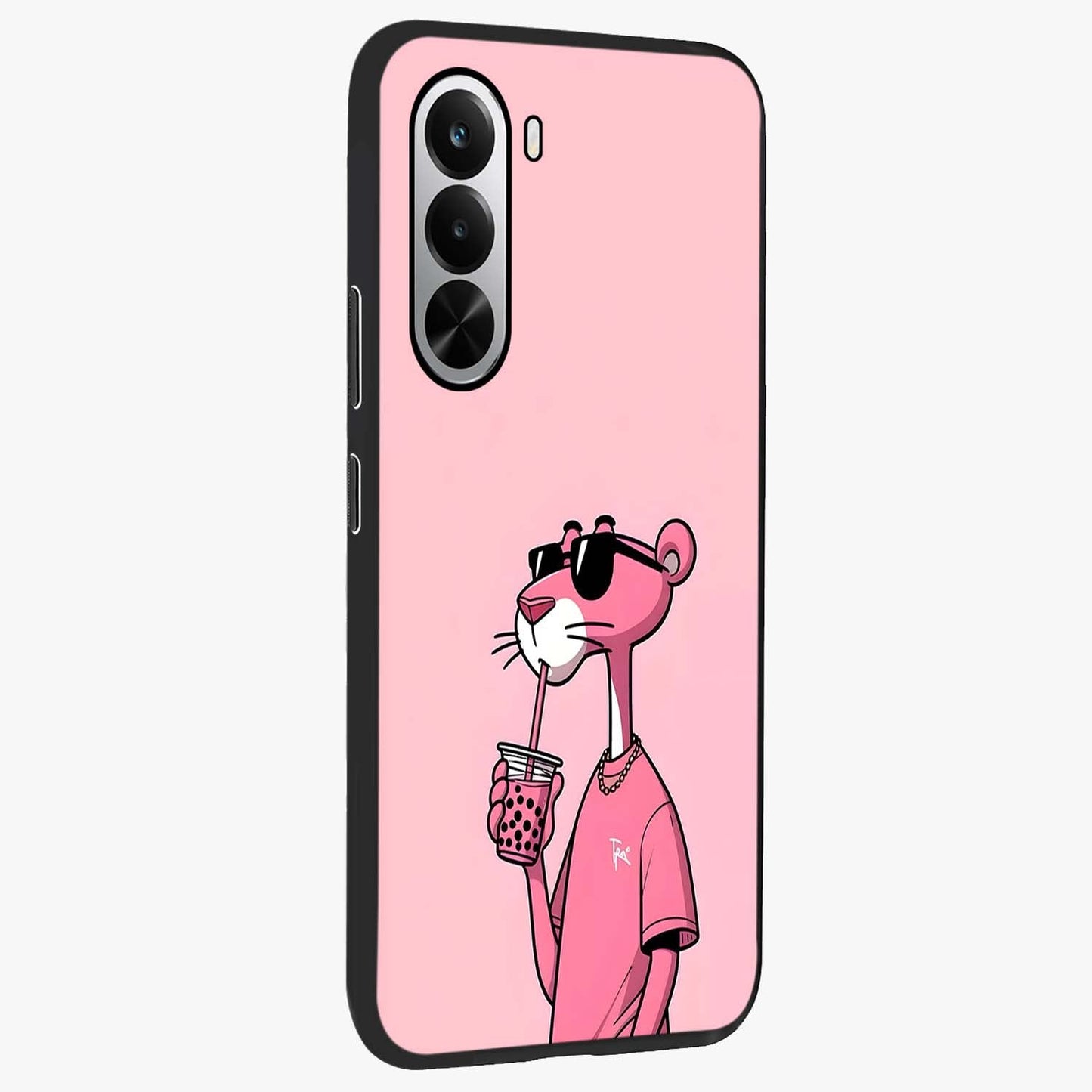 Pink Panther Glass Case upright view showcasing fun animated artwork with stylish retro cartoon theme.