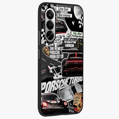 Porsche Racing Collage Glass Case upright view showcasing energetic car collage artwork with high speed racing theme.