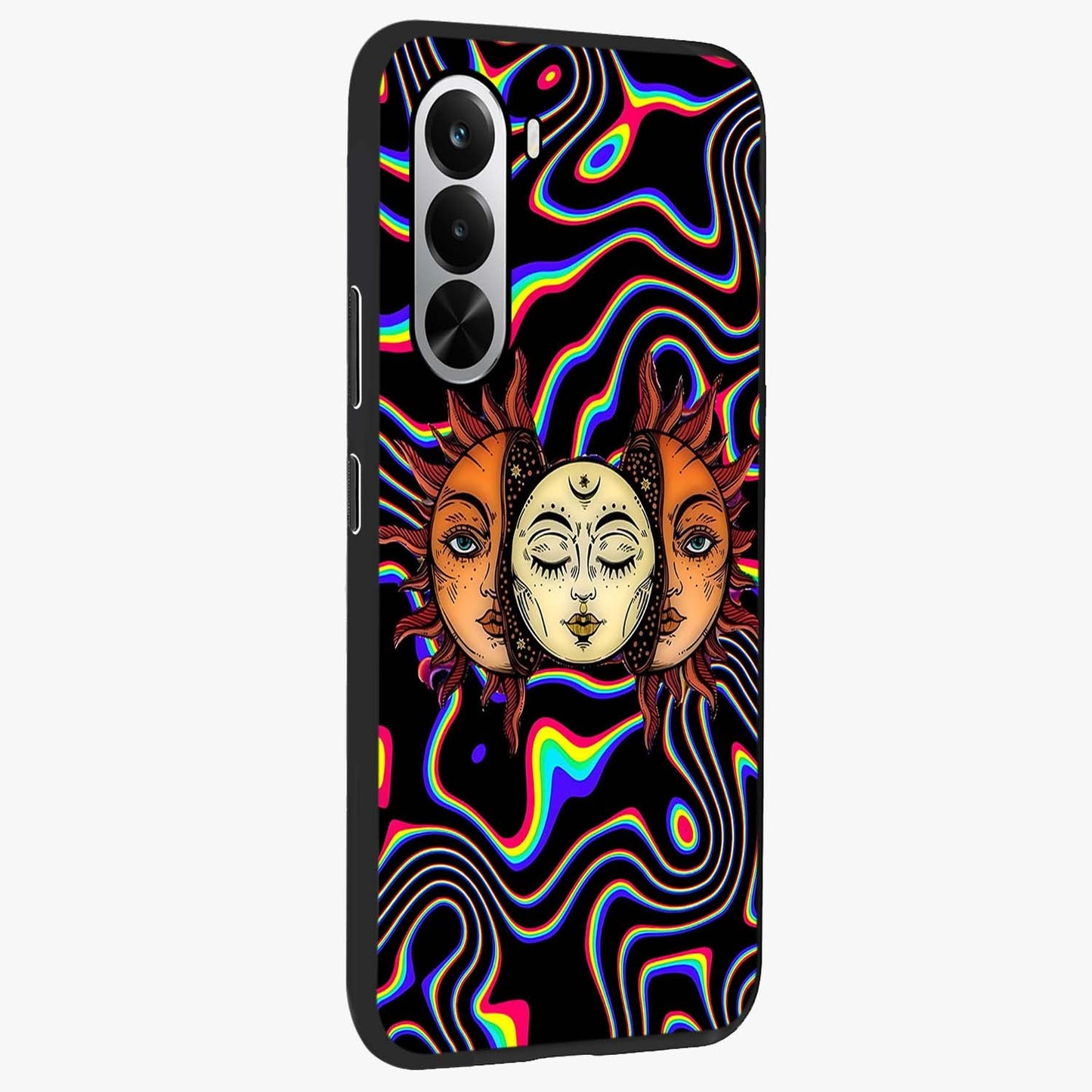 Psychedelic Sun Glass Case upright view showcasing trippy sun artwork with bold psychedelic theme.