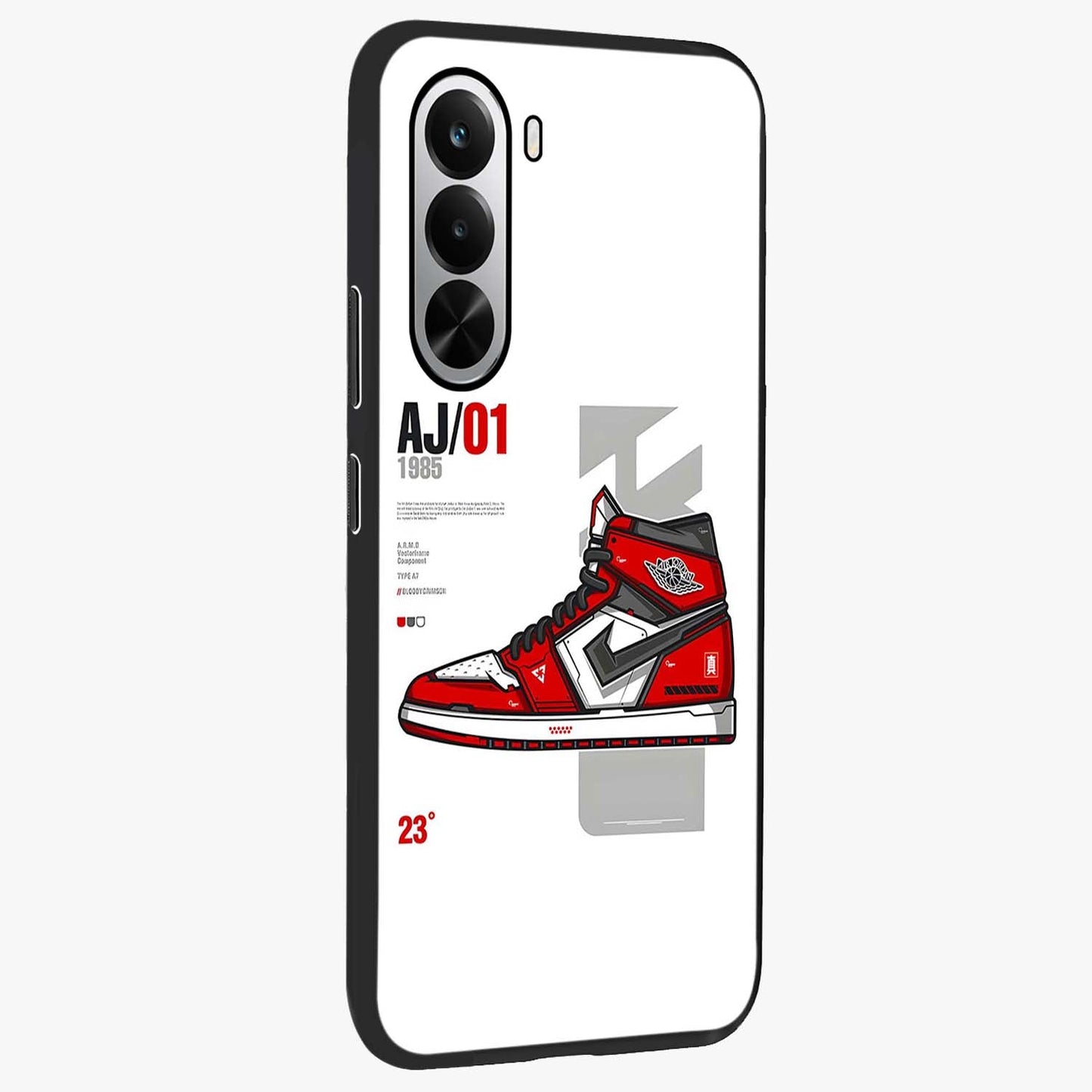 Retro Sneaker Blueprint Glass Case upright view showcasing stylish sneaker illustration with vintage streetwear theme.