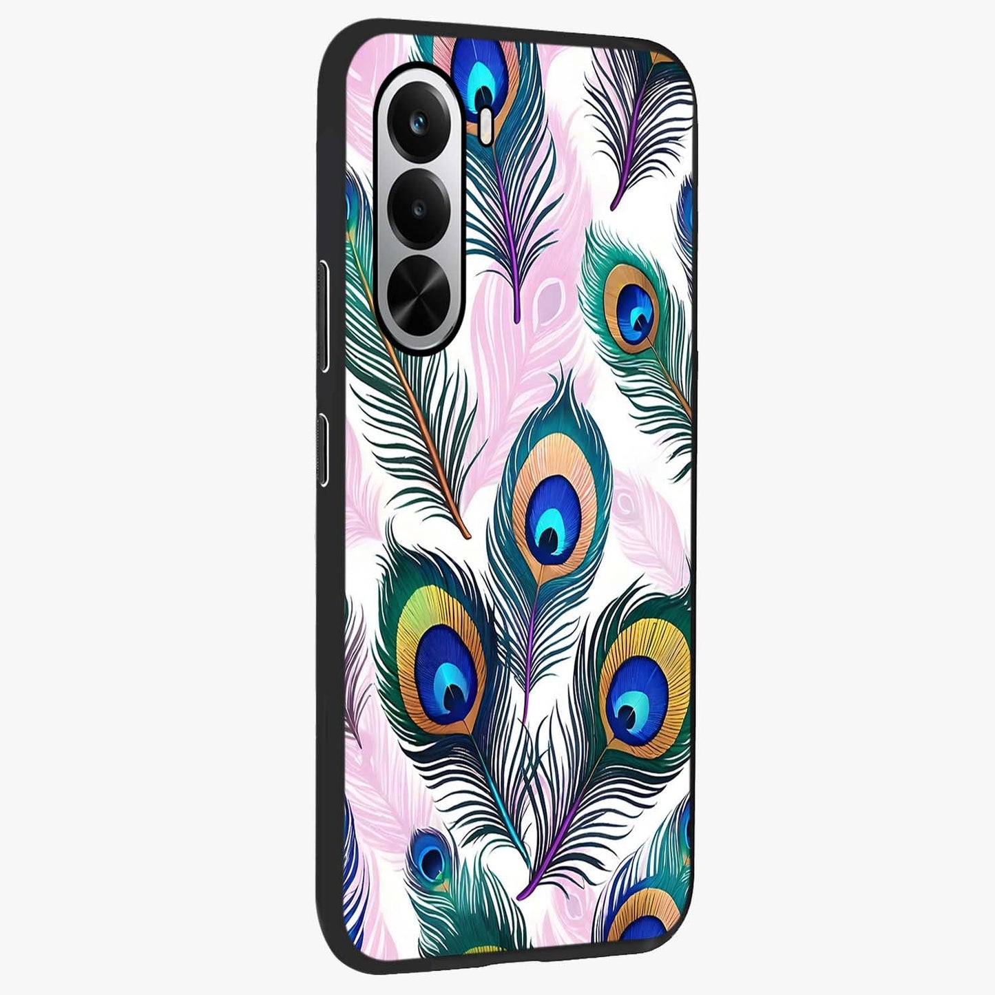 Royal Peacock Feathers Glass Case upright view showcasing elegant peacock feather artwork with decorative royal theme.