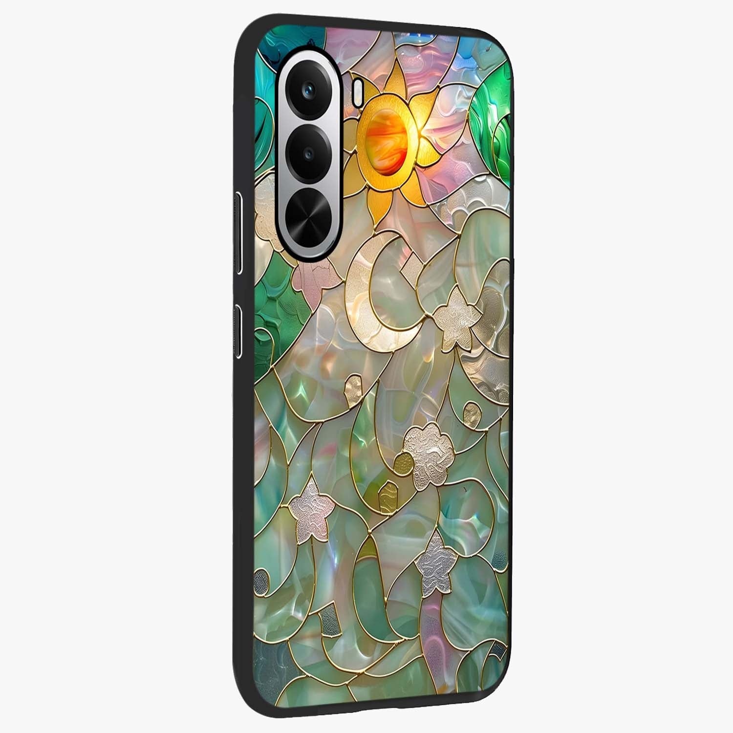 Stained Sunrise Glow Glass Case upright view showcasing colorful sunrise artwork with warm morning theme.